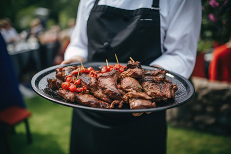 Step into the joyous atmosphere of an outdoor party with this captivating image showcasing a waiter holding a barbecue plate. The image captures the essence of summer BBQs, with mouthwatering grilled pork and spicy hot spare ribs served on festive plates. The waiter's attentive service adds to the convivial ambiance of the event. This image invites viewers to savor the delectable flavors and camaraderie of outdoor gatherings. Perfect for illustrating the pleasures of summertime, outdoor dining, social gatherings, food festivals, and the art of celebrationの素材