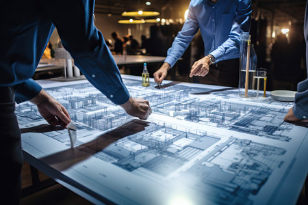 Immerse yourself in the world of construction and design with this captivating image showcasing architects and engineers engaged in discussions at the table. The image captures the essence of teamwork and collaboration as they collectively work on blueprints and plans. A person's engineer hand carefully draws intricate details on the blueprint, showcasing their expertise and dedication to the project. This image embodies the spirit of creativity, problem-solving, and innovation in the construction industry. Perfect for illustrating the collaborative nature of architectural and engineering projects, teamwork, workflow, and the pursuit of excellenceの素材