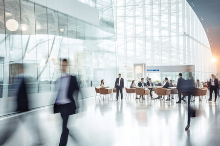 Step into the fast-paced world of business with this captivating image capturing blurred business people walking at a trade fair, conference, or modern hall. The motion speed blur creates a dynamic and bustling atmosphere, emphasizing the energy and vibrancy of the corporate environment. The wide panoramic banner format allows for versatile use in various marketing materials and presentations. This image is perfect for showcasing the spirit of networking, collaboration, and innovation at trade fairs or conferences, appealing to professionals, event organizers, and business enthusiastsの素材