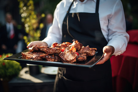 Step into the joyous atmosphere of an outdoor party with this captivating image showcasing a waiter holding a barbecue plate. The image captures the essence of summer BBQs, with mouthwatering grilled pork and spicy hot spare ribs served on festive plates. The waiter's attentive service adds to the convivial ambiance of the event. This image invites viewers to savor the delectable flavors and camaraderie of outdoor gatherings. Perfect for illustrating the pleasures of summertime, outdoor dining, social gatherings, food festivals, and the art of celebrationの素材