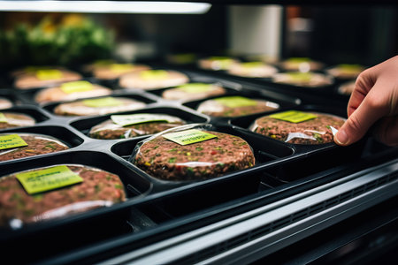This close-up image captures a hand carefully choosing a plant-based meat alternative, specifically a zero-pork soybean faux peas cutlet, with a gluten-free label from a non-meat lab. The conscious decision to buy a raw, fake beef tray for veggie burger patties showcases the growing interest in healthier and eco-friendly diet options. This image celebrates the rise of vegan and plant-based choices in Asia stores, promoting health-conscious eating and sustainable food practices. Ideal for illustrating veganism, meat alternatives, plant-based diets, and the positive impact of sustainable food choices on personal health and the environmentの素材