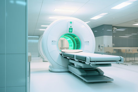 This impactful image captures a state-of-the-art CT (Computed Tomography) scanner in a hospital setting. The advanced medical imaging technology is a crucial tool for accurate and detailed diagnostic insights, aiding healthcare professionals in patient assessments and treatment planning. The image showcases the importance of modern medical equipment in delivering quality patient care. Perfect for illustrating medical facilities, diagnostic technology, hospital equipment, and the critical role of CT scanning in modern healthcareの素材