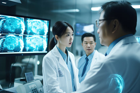 This insightful image depicts a Korean doctor and a radiologist in a control room, deeply engaged in discussing medical diagnosis while closely monitoring brain scan results on multiple screens. In the background, a patient undergoes an MRI or CT scan procedure. The image captures the collaboration and expertise of medical professionals in analyzing diagnostic data to ensure accurate and timely patient care. This scene highlights the importance of advanced medical technology and the critical role of healthcare teamwork. Ideal for illustrating medical diagnosis, brain scans, MRI or CT procedures, and the dedication of medical professionals in providing quality healthcareの素材