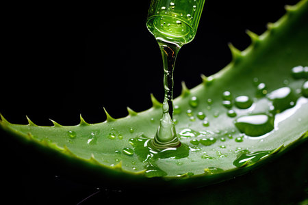 This captivating image showcases aloe vera drops of liquid gel serum with a texture of micro bubbles on a vibrant green background. The image represents the beauty concept of natural skincare and the soothing properties of aloe vera. The horizontal banner format allows for versatile use in various design projects. Perfect for illustrating beauty products, skincare, natural remedies, and the refreshing essence of aloe vera, this image captures the essence of a fresh and revitalizing beauty routineの素材
