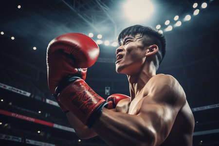 This electrifying image captures the moment of triumph as an Asian boxer raises his hands in boxing gloves to the cheering audience at the stadium. The image exudes sportsmanship and passion, showcasing the dedication and skill of the boxer. The electrifying atmosphere of the stadium adds to the excitement of the victorious moment. Perfect for illustrating sports events, boxing competitions, athlete celebration, and the thrill of victory, this image celebrates the spirit of sports and the joy of achievementの素材