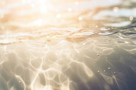 This captivating image captures the serene beauty of white water with ripples on the surface, creating a defocused and blurred effect. The transparent, clear, and calm water surface texture showcases splashes and bubbles, adding to the visual appeal. The water waves form a shining pattern, making this image a perfect background for various creative projects. Ideal for illustrating tranquil settings, water textures, nature themes, and the soothing essence of water elementsの素材