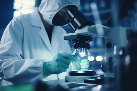 This captivating image features a scientist's hands engaged in close-up work with a microscope in a laboratory setting. The picture captures the essence of science research and development as the scientist delves into the microscopic world. The image portrays the precision and dedication of scientific exploration, as researchers seek to make groundbreaking discoveries. Perfect for illustrating laboratory research, scientific investigation, technological advancements, close-up science, and the pursuit of knowledgeの素材