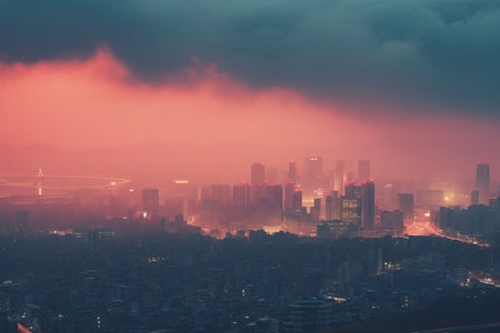 This striking image captures the reality of air pollution in Seoul, Korea's bustling capital city. The picture showcases people wearing masks as a protective measure against the harmful effects of pollution. The image draws attention to the pressing issue of environmental concerns in urban areas and the importance of safeguarding public health. Perfect for illustrating air pollution, city life, public health, environmental awareness, pollution control, and the need for protective measuresの素材