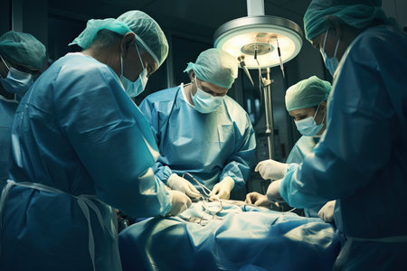 This compelling image captures a dedicated medical team in action as they perform a surgical operation in a state-of-the-art modern operating room. The picture showcases the precision and expertise of the healthcare professionals as they work together to provide the best care to their patient. The image exemplifies the importance of teamwork, advanced medical technology, and patient-centered care in a surgical setting. Perfect for illustrating surgical procedures, medical team collaboration, modern healthcare facilities, and the pursuit of excellence in healthcareの素材