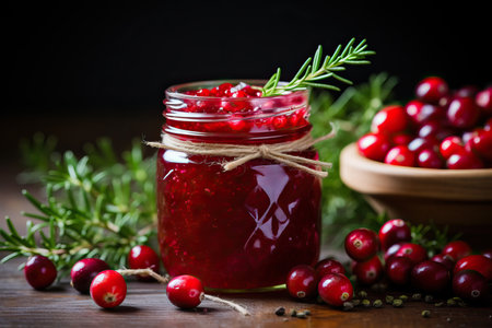 An inviting image with selective focus that spotlights the delightful details of homemade cranberry jam. The rich color and texture of the jam are beautifully captured, evoking the essence of homemade goodnessの素材