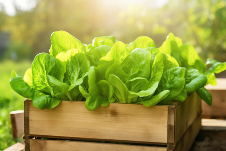 An image capturing the essence of organic farming, showcasing the vibrant beauty of fresh green Cos lettuce neatly arranged in a wooden crate box container. This scene embodies the natural appeal of farm-fresh produceの素材