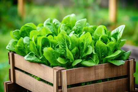 An image capturing the essence of organic farming, showcasing the vibrant beauty of fresh green Cos lettuce neatly arranged in a wooden crate box container. This scene embodies the natural appeal of farm-fresh produceの素材