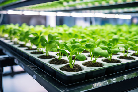 An image capturing the cutting-edge innovation of vertical farming, showcasing modern trays filled with plant seedlings. This scene highlights the forward-thinking approach to agriculture and the potential for sustainable food productionの素材