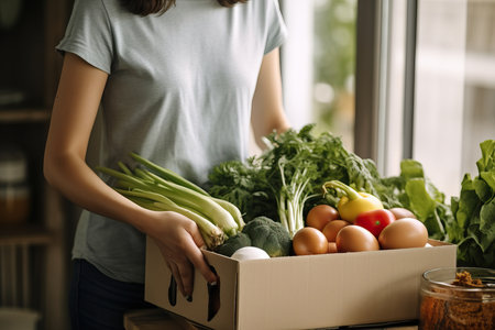 A cropped shot capturing the scene of a woman gathering eggs from a delivery box brimming with fresh organic fruits and vegetables. This image embodies the convenience and healthful abundance of home-delivered produceの素材