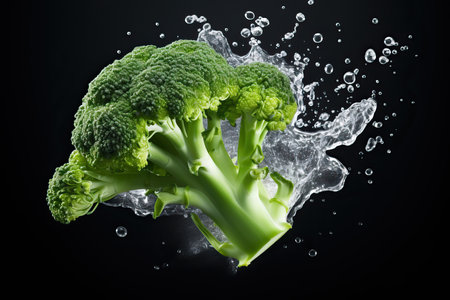 A professionally captured studio shot presenting the captivating elegance of a perfect green broccoli suspended in mid-air against a clean white background. This image captures the allure of fresh produceの素材