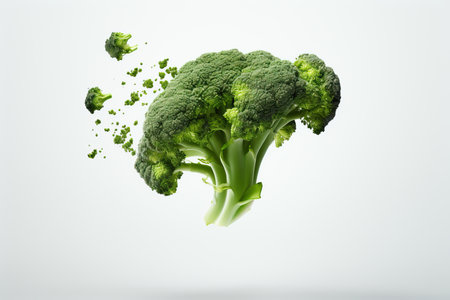 A professionally captured studio shot presenting the captivating elegance of a perfect green broccoli suspended in mid-air against a clean white background. This image captures the allure of fresh produceの素材