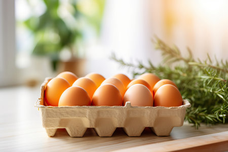A close-up image capturing a woman holding a box of fresh organic free-range eggs in her kitchen. This scene embodies the concept of healthy eating and a conscious lifestyle choiceの素材