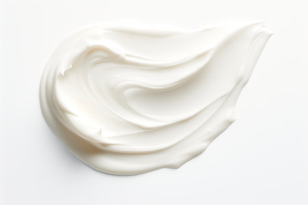 An image showcasing cosmetic elegance, featuring a textured smear of white cream isolated on a clean white background. This composition can represent various skincare ingredients like hyaluronic acid, polyglutamic acid, peptides, ceramides, retinol, and AHA acid, embodying the concept of health and wellbeing. The flat lay style offers ample copy spaceの素材