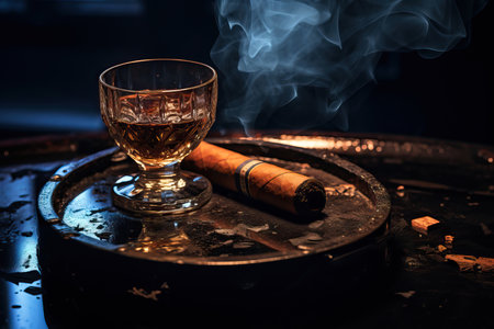 An image capturing the smokey elegance, featuring a burnt cigar, ashtray, and whiskey on a black mirror surface in a close-up shotの素材