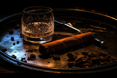 An image capturing the smokey elegance, featuring a burnt cigar, ashtray, and whiskey on a black mirror surface in a close-up shotの素材