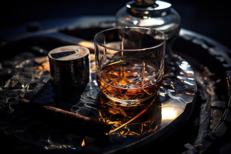 An image capturing the smokey elegance, featuring a burnt cigar, ashtray, and whiskey on a black mirror surface in a close-up shotの素材
