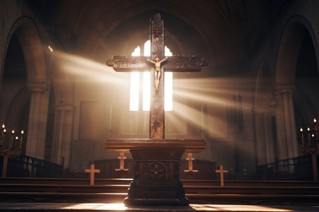 An image capturing the divine ambiance, showcasing a Catholic cross on an altar in a church, beautifully illuminated by the soft rays of sunlightの素材