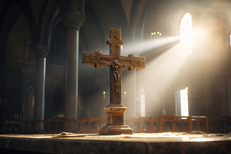 An image capturing the divine ambiance, showcasing a Catholic cross on an altar in a church, beautifully illuminated by the soft rays of sunlightの素材