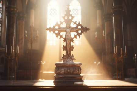 An image capturing the divine ambiance, showcasing a Catholic cross on an altar in a church, beautifully illuminated by the soft rays of sunlightの素材