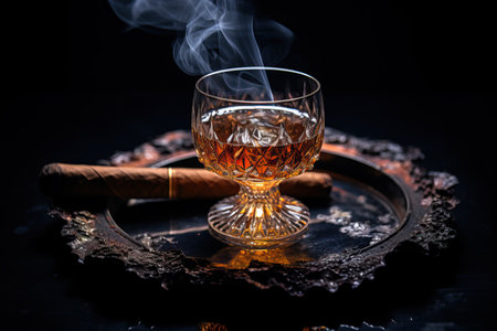 An image capturing the smokey elegance, featuring a burnt cigar, ashtray, and whiskey on a black mirror surface in a close-up shotの素材