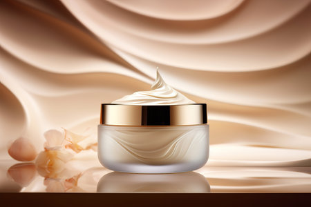 An exquisite portrayal of cosmetic branding featuring a face cream moisturizer jar on a silk background. This image captures the essence of moisturizing skincare lotion, lifting emulsion, and anti-age cosmetics, presenting a concept for a luxury beauty skincare brandの素材
