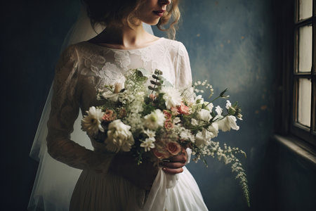 A captivating image capturing the elegance of a bride holding a wedding bouquet adorned with various flowers, enhanced with a film-like color effect for a timeless aestheticの素材