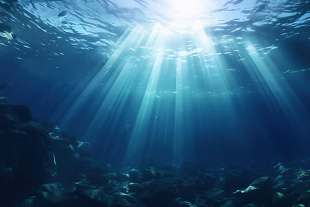 An awe-inspiring image capturing the mystical depths of the deep sea abyss illuminated by the ethereal blue sunlightの素材