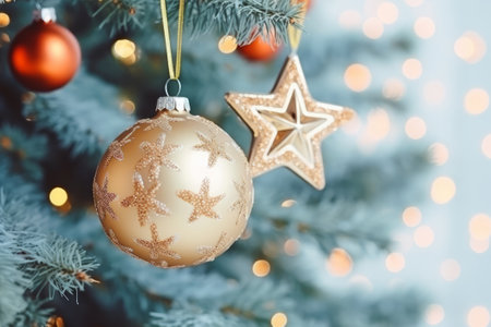 A delightful Christmas background showcasing the festive decorations on a beautifully adorned Christmas tree. With a touch of selective focus, it captures the essence of New Year celebrations and holiday splendorの素材
