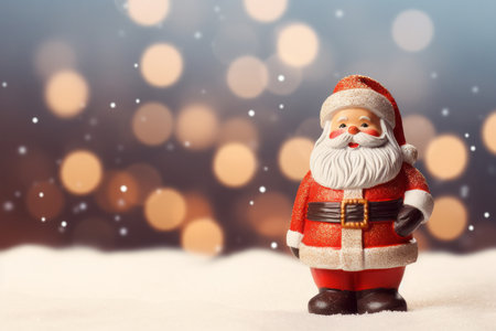 A charming scene featuring a Santa Claus doll nestled in a snowy wonderland, set against a backdrop of sparkling bokeh lights. Perfect for evoking the magic of the holiday seasonの素材