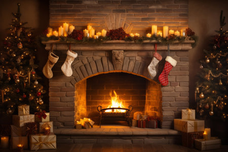 A cozy holiday scene featuring a fireplace adorned with Christmas stockings in a festive room interior. Perfect for creating a warm and inviting atmosphere during the holiday seasonの素材