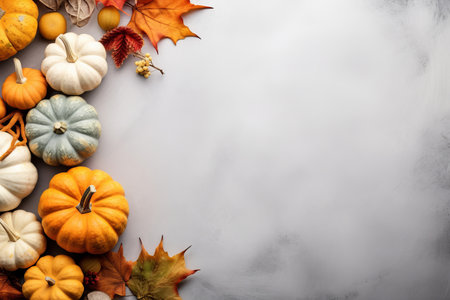 A beautifully crafted autumn frame featuring a composition of dry leaves and natural and decorative pumpkins on a serene gray background. This image evokes the spirit of the seasonal holidays, including Halloween and Thanksgiving, while providing ample copy spaceの素材
