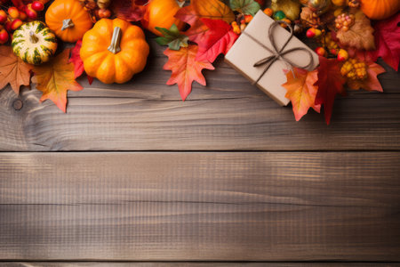 A heartwarming Thanksgiving gift tag featuring a corner border adorned with colorful leaves and pumpkins, set against a charming rustic wood background. Perfect for adding a touch of warmth and gratitude to your holiday greetingsの素材