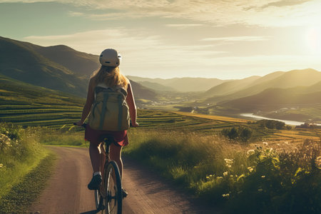 A captivating image of a young woman enjoying a morning ride on her sports bicycle along a stunning mountain trail, surrounded by scenic beauty and serenityの素材