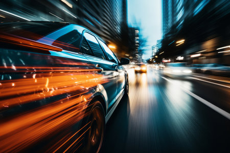 A captivating image capturing the essence of urban nightlife as seen from a fast-driving car's perspective, with a bustling street scene, cars' light trails, and bokeh effects, all created through a long exposure techniqueの素材
