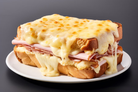 A mouthwatering image featuring a delicious Croque Monsieur, expertly isolated on a clean white background, highlighting the savory goodness of this classic French sandwichの素材