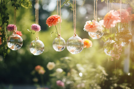 A dreamy image featuring blurred outdoor wedding floral decorations with flowers elegantly displayed in hanging glass flasks within a garden settingの素材