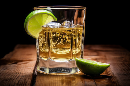 A captivating image showcasing a tequila shot accompanied by a lime slice, set against a rustic wooden background, evoking the essence of a classic cocktail momentの素材