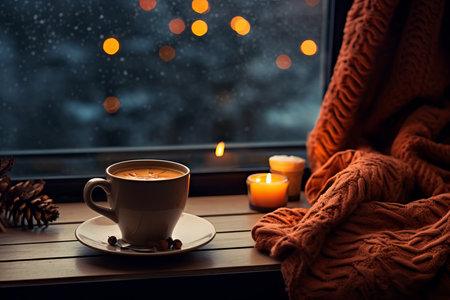 A warm and inviting image capturing the essence of autumn coziness, featuring a cup of coffee or tea alongside pumpkins, gifts, candles, maple leaves, and fairy lights arranged on a wooden table near a window on a rainy dayの素材