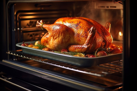A festive scene capturing the essence of holiday cooking, with a Christmas or Thanksgiving turkey roasting to perfection in a traditional ovenの素材