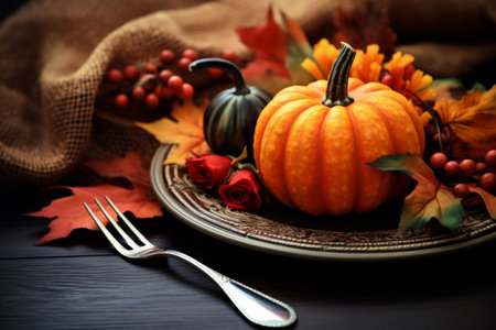 A charming autumn-themed place setting featuring cutlery, fall leaves, napkin, and pumpkins, creating a warm and inviting ambiance for Thanksgiving or autumn gatheringsの素材