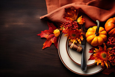 A charming autumn-themed place setting featuring cutlery, fall leaves, napkin, and pumpkins, creating a warm and inviting ambiance for Thanksgiving or autumn gatheringsの素材