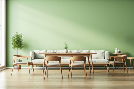 This image showcases the charm of a modern dining room with Scandinavian style interior design. A wooden table is surrounded by a sofa and chairs, creating a cozy and inviting dining area. The pastel green wall adorned with frames adds a touch of elegance and personality to the space. Whether for interior design inspiration, home decor ideas, or furniture promotions, this image captures the essence of stylish and comfortable livingの素材
