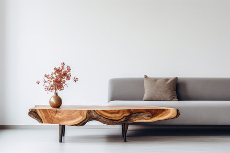 This image showcases the elegance of a minimalist modern living room. A live edge accent coffee table stands gracefully near a grey sofa, creating a harmonious and stylish interior. Against the backdrop of a white wall with ample copy space, this composition is perfect for showcasing interior design concepts, furniture promotions, or any project that celebrates contemporary living spacesの素材