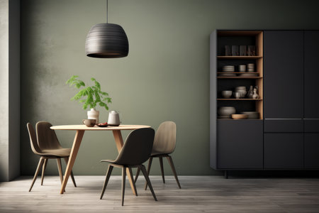 This image showcases the sophisticated interior design of a modern Scandinavian dining room featuring a sleek cupboard. The minimalist approach, clean lines, and neutral color palette create an elegant and inviting space. Perfect for interior design concepts, home decor ideas, or showcasing contemporary living spacesの素材