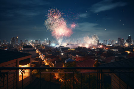 This enchanting image captures the spirit of a Korean rooftop celebration with a mesmerizing fireworks display. The vibrant bursts of color against the night sky evoke a sense of soulful joy and festivity. Whether for cultural celebrations, outdoor events, or simply capturing the magic of the moment, this image radiates the essence of Korean soulの素材